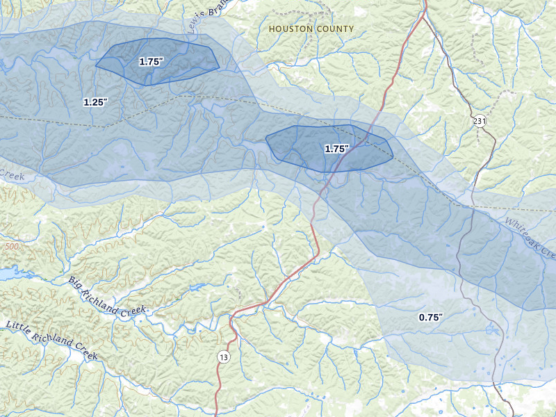 NEXRAD radar-signature map of the hail over Waverly, TN