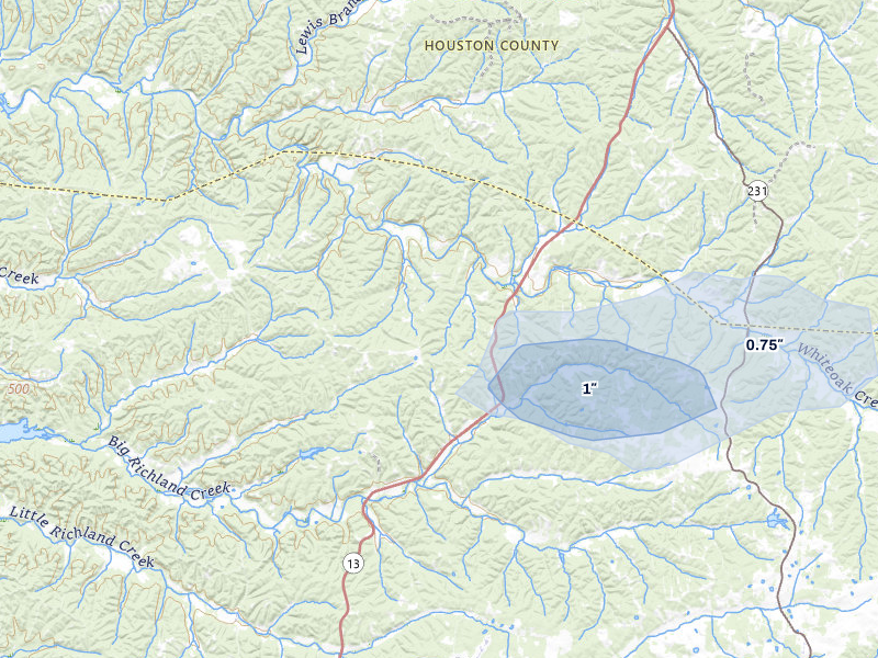 NEXRAD radar-signature map of the hail storm over Waverly, TN on Jun 9, 2026