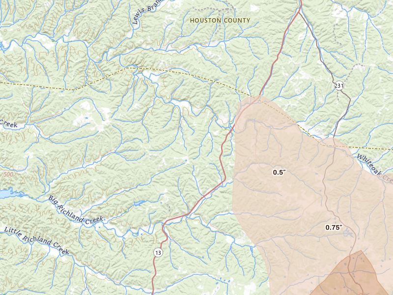 Radar-estimated hail-size map of the storm over Waverly, TN on Jul 21, 2026