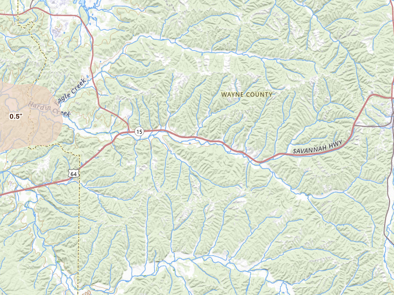 Radar-estimated hail-size map of the storm over Waynesboro, TN on Jul 2, 2026