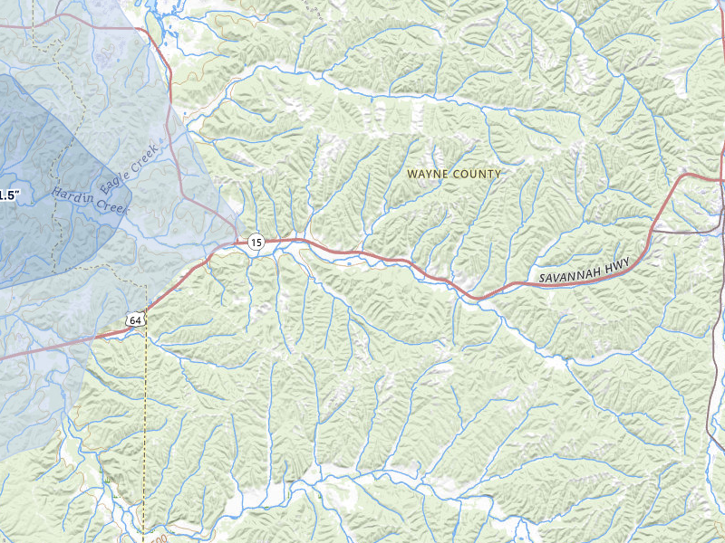 NEXRAD radar-signature map of the hail over Waynesboro, TN