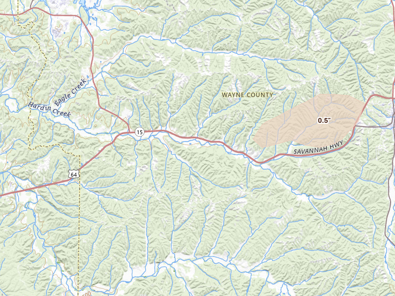 Radar-estimated hail-size map of the storm over Waynesboro, TN on Jul 11, 2026
