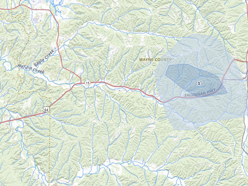 NEXRAD radar-signature map of the hail storm over Waynesboro, TN on Jul 11, 2026