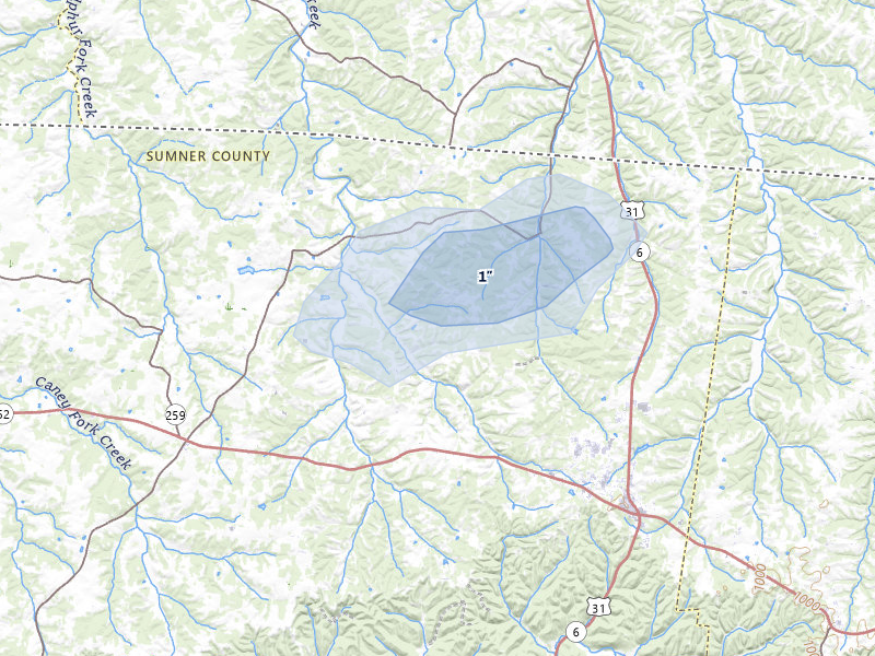 NEXRAD radar-signature map of the hail over Westmoreland, TN