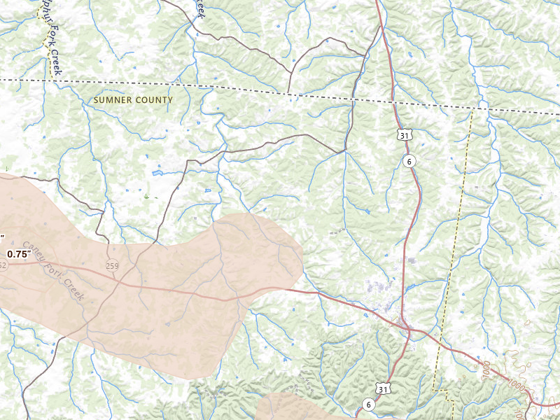 Radar-estimated hail-size map of the storm over Westmoreland, TN on Jul 21, 2026