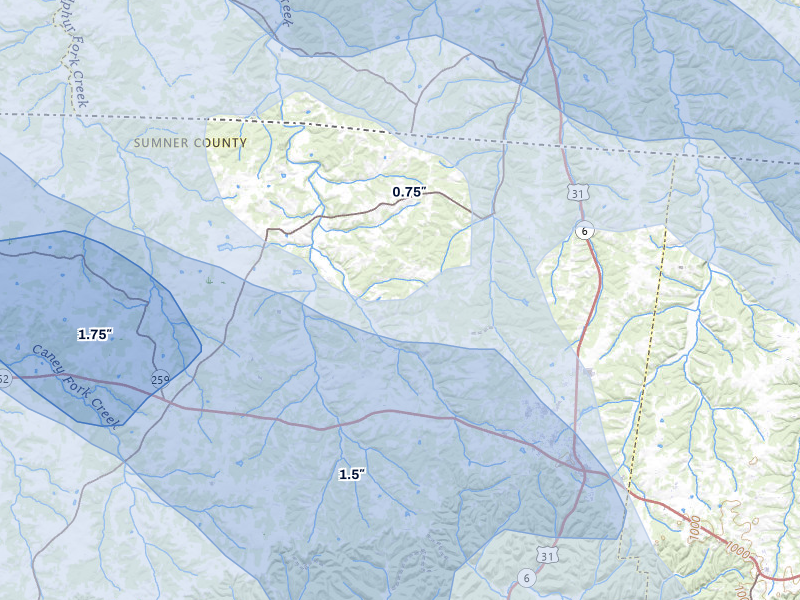 NEXRAD radar-signature map of the hail over Westmoreland, TN