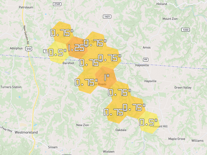 Hail map of Westmoreland, TN on Jul 22, 2026, hail up to 1.25"