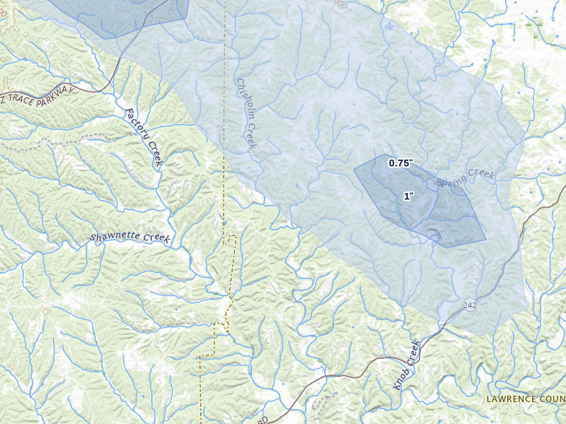 NEXRAD radar-signature map of the hail over Westpoint, TN