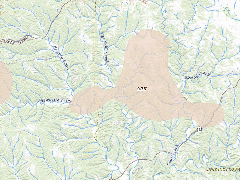 Radar-estimated hail-size map of the storm over Westpoint, TN on Jul 3, 2026