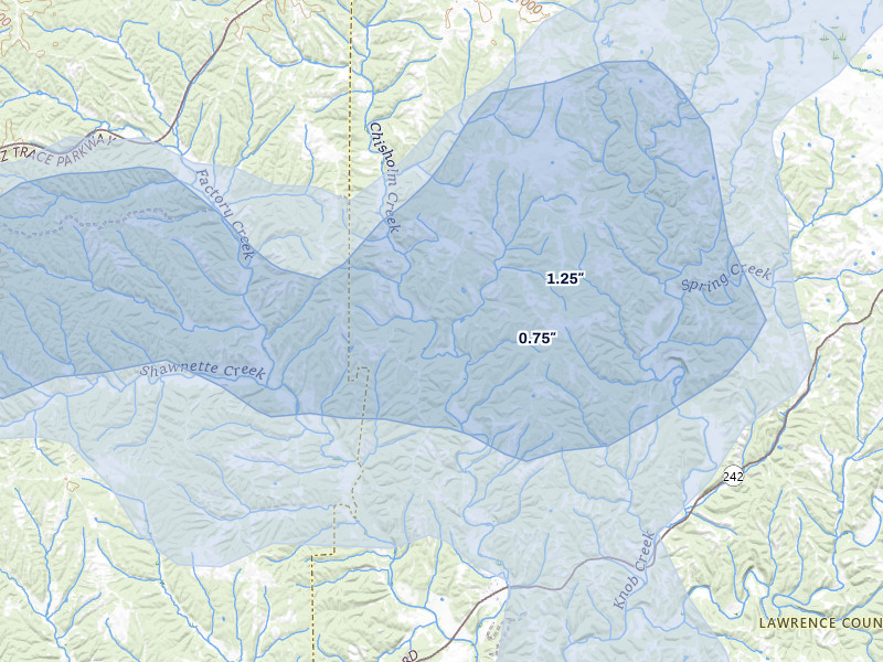NEXRAD radar-signature map of the hail storm over Westpoint, TN on Jul 3, 2026