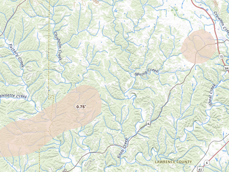 Radar-estimated hail-size map of the storm over Westpoint, TN on Jul 5, 2026
