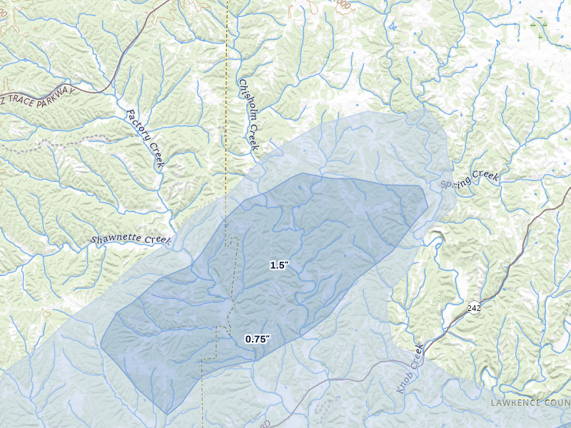 NEXRAD radar-signature map of the hail storm over Westpoint, TN on Jul 5, 2026