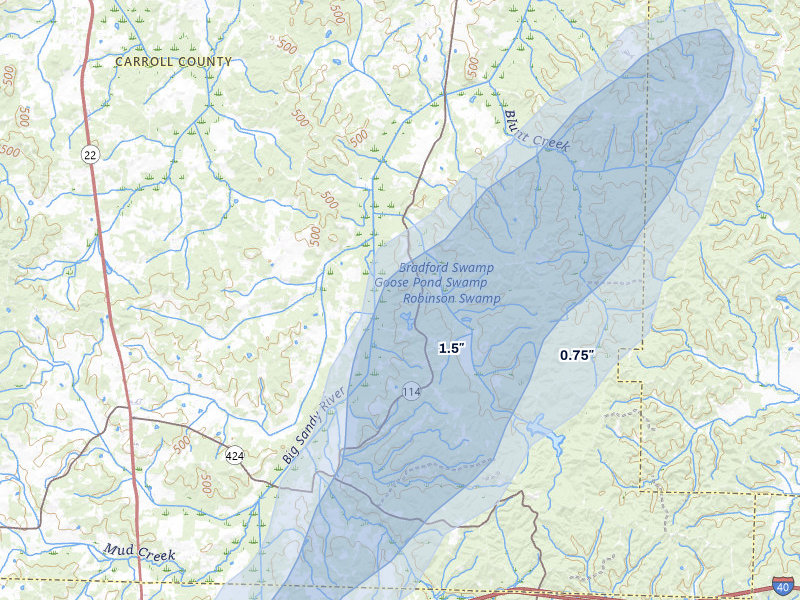 NEXRAD radar-signature map of the hail storm over Westport, TN on Jul 5, 2026