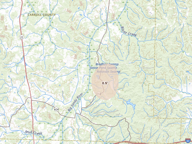 Radar-estimated hail-size map of the storm over Westport, TN on Aug 8, 2026
