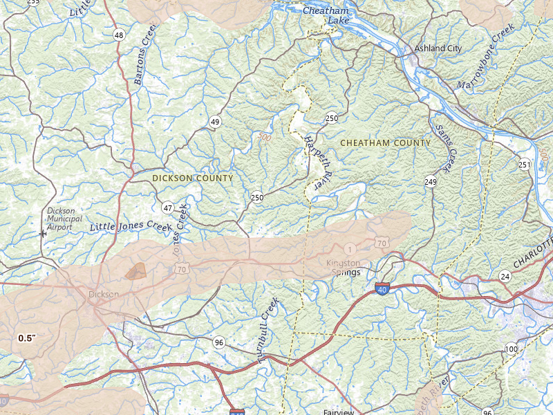 Radar-estimated hail-size map of the storm over White Bluff, TN on Apr 27, 2026