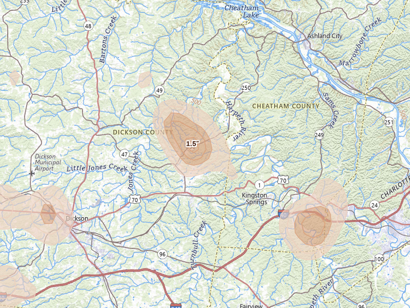 Radar-estimated hail-size map of the storm over White Bluff, TN on Jul 3, 2026