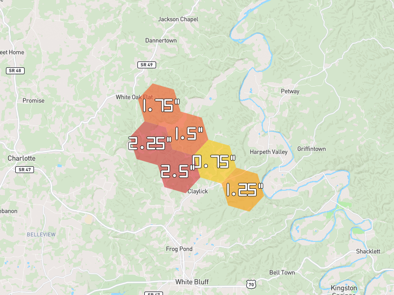 Hail map of White Bluff, TN on Jul 3, 2026, hail up to 2.5"