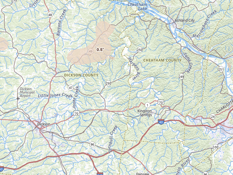 Radar-estimated hail-size map of the storm over White Bluff, TN on Jul 11, 2026