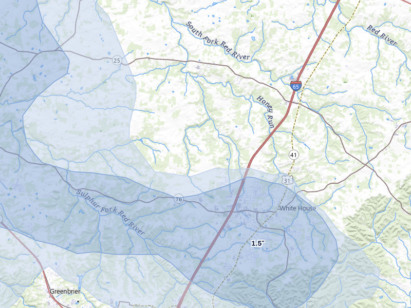 NEXRAD radar-signature map of the hail storm over White House, TN on Jun 9, 2026