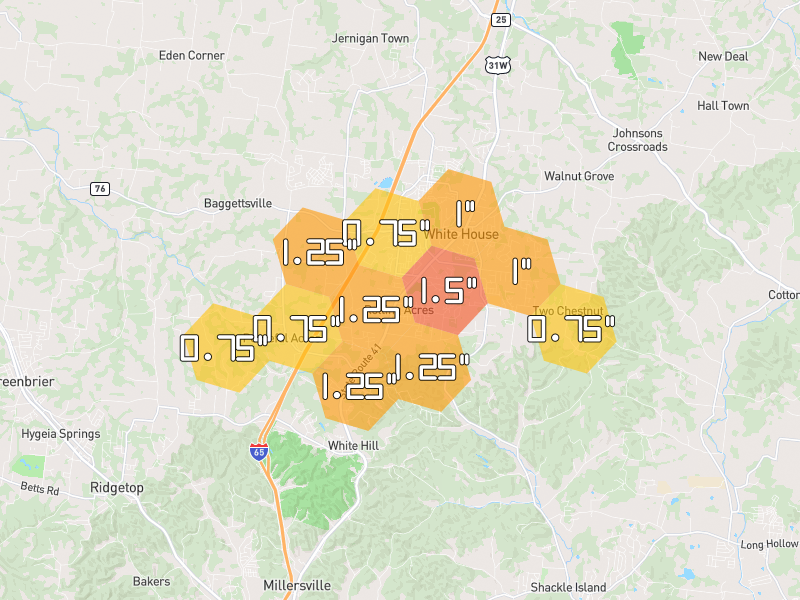 Hail map of White House, TN on Jun 9, 2026, hail up to 1.5"