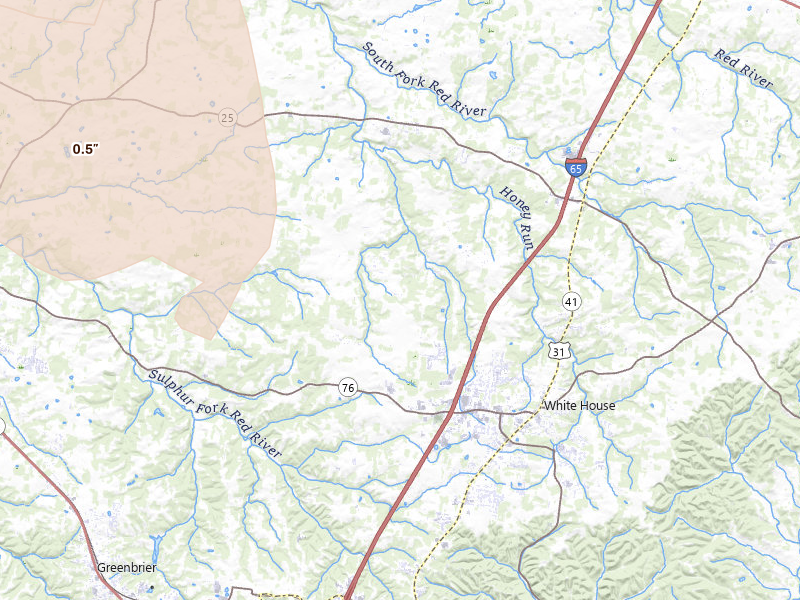 Radar-estimated hail-size map of the storm over White House, TN on Jul 21, 2026