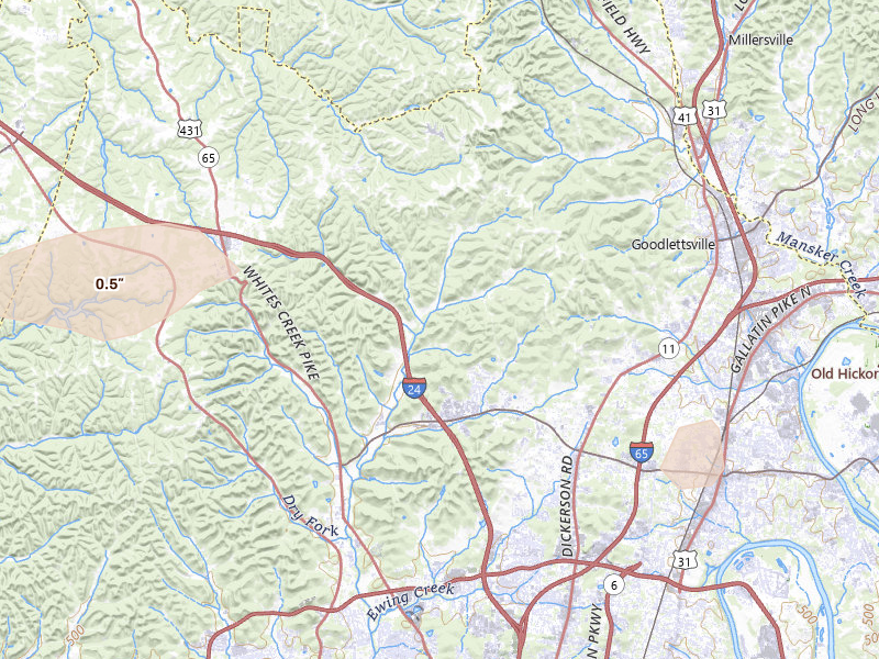 Radar-estimated hail-size map of the storm over Whites Creek, TN on Apr 27, 2026