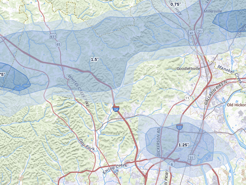 NEXRAD radar-signature map of the hail over Whites Creek, TN
