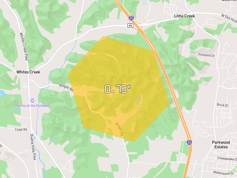 Hail map of Whites Creek, TN on Jun 9, 2026, hail up to 0.75"
