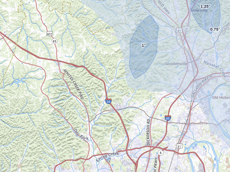 NEXRAD radar-signature map of the hail over Whites Creek, TN