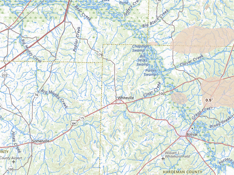 Radar-estimated hail-size map of the storm over Whiteville, TN on Apr 27, 2026