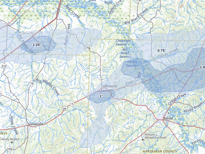 NEXRAD radar-signature map of the hail over Whiteville, TN