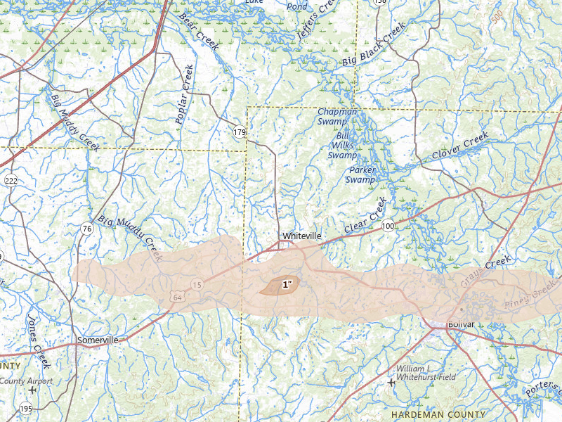 Radar-estimated hail-size map of the storm over Whiteville, TN on May 5, 2026