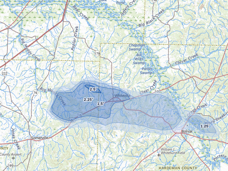 NEXRAD radar-signature map of the hail storm over Whiteville, TN on May 5, 2026