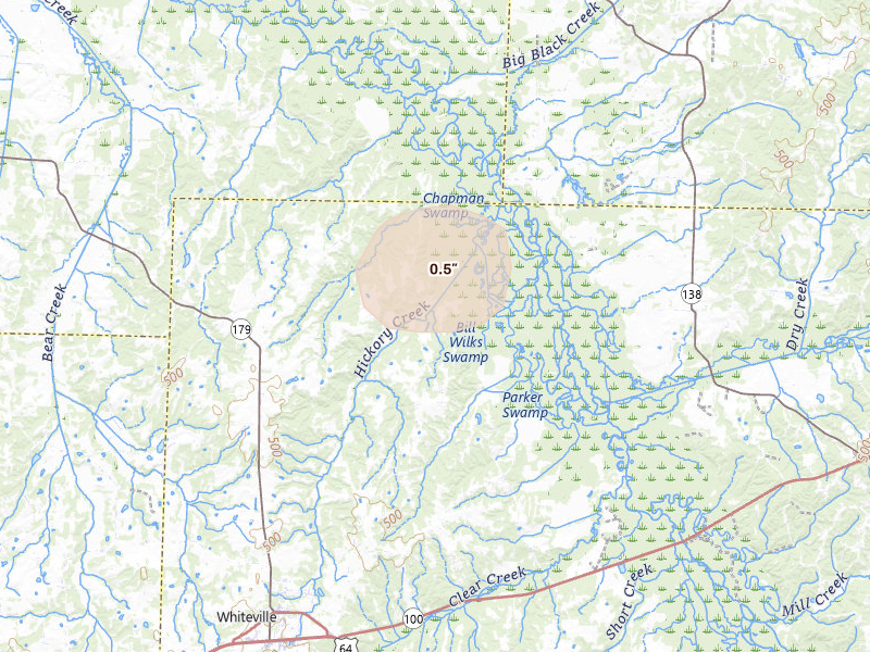 Radar-estimated hail-size map of the storm over Whiteville, TN on Aug 7, 2026