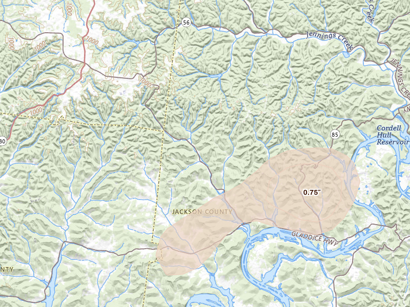 Radar-estimated hail-size map of the storm over Whitleyville, TN on May 20, 2026