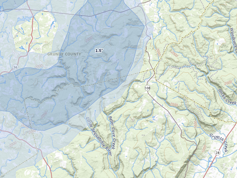 NEXRAD radar-signature map of the hail storm over Whitwell, TN on Jul 3, 2026