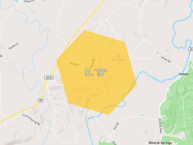 Hail map of Whitwell, TN on Jul 10, 2026, hail up to 0.75"