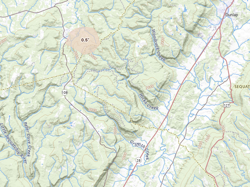 Radar-estimated hail-size map of the storm over Whitwell, TN on Aug 11, 2026