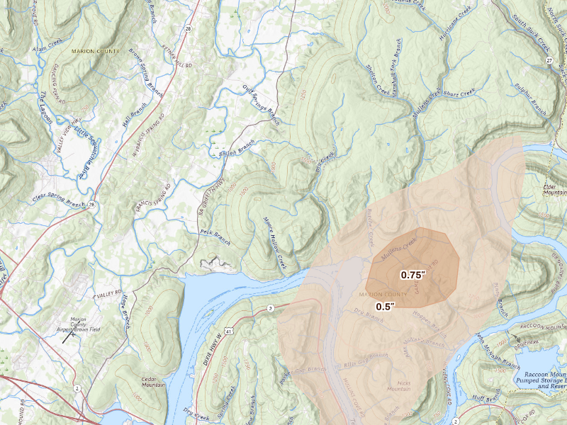 Radar-estimated hail-size map of the storm over Whitwell, TN