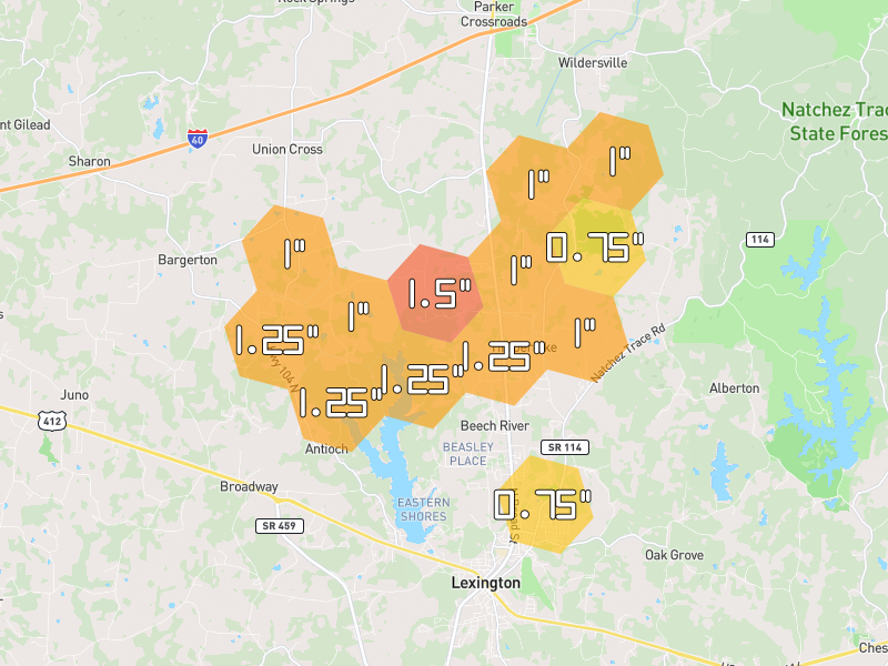 Hail map of Wildersville, TN on Jul 5, 2026, hail up to 1.5"
