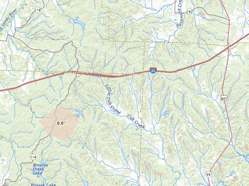 Radar-estimated hail-size map of the storm over Wildersville, TN on Jul 11, 2026