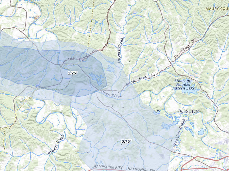 NEXRAD radar-signature map of the hail over Williamsport, TN