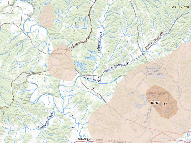 Radar-estimated hail-size map of the storm over Williamsport, TN on Jul 3, 2026