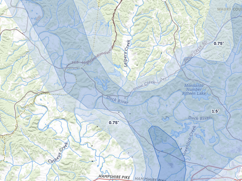 NEXRAD radar-signature map of the hail over Williamsport, TN