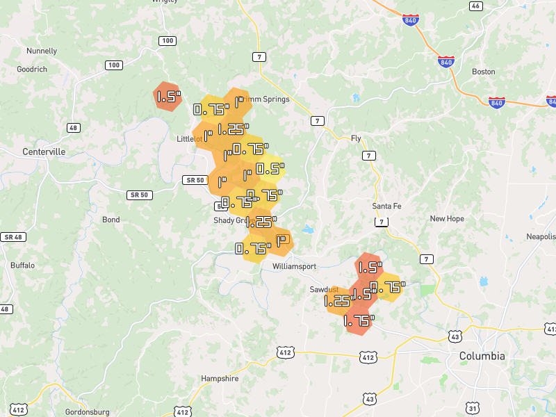 Hail map of Williamsport, TN on Jul 3, 2026, hail up to 1.75"