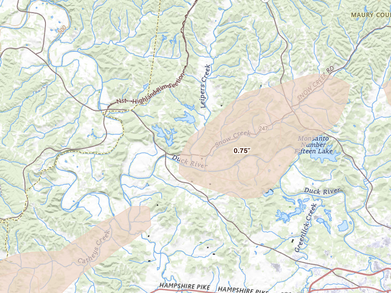 Radar-estimated hail-size map of the storm over Williamsport, TN on Aug 8, 2026