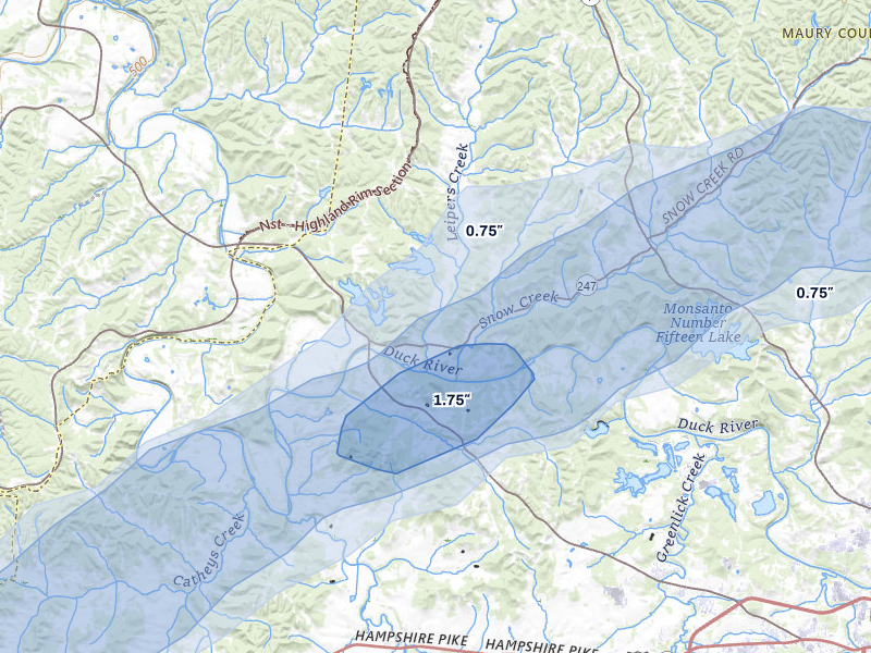 NEXRAD radar-signature map of the hail storm over Williamsport, TN on Aug 8, 2026
