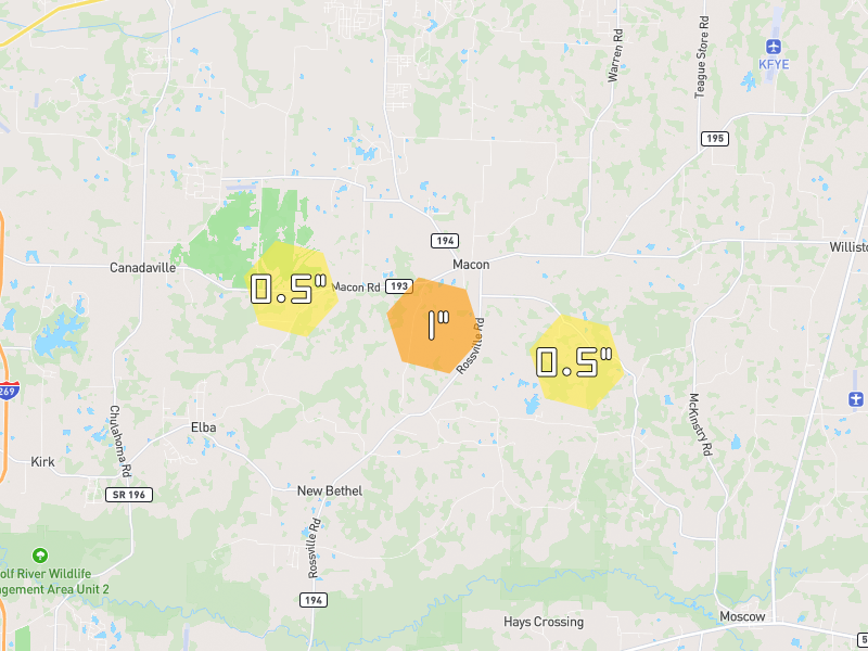 Hail map of Williston, TN on Jul 10, 2026, hail up to 1"