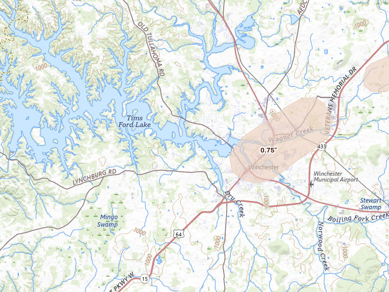 Radar-estimated hail-size map of the storm over Winchester, TN on Jul 3, 2026