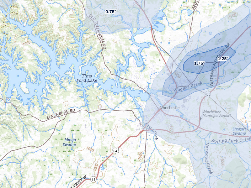 NEXRAD radar-signature map of the hail over Winchester, TN